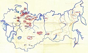 Jedna z map táborů Gulagu, které vznikly u československé vojenské mise v SSSR. Ta na základě výpovědí vězňů propuštěných do Buzuluku dokumentovala síť táborů a evidovala počty internovaných karajanů
