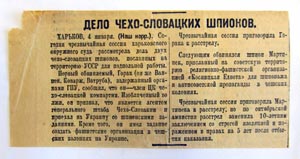 Článek v moskevském deníku Pravda z 5. ledna 1928 o odsouzení údajných špionů J. Martínka a J. Horáka k trestu smrti. Učiteli Martínkovi byl pozděj trest změněn na 10 let v Gulagu
