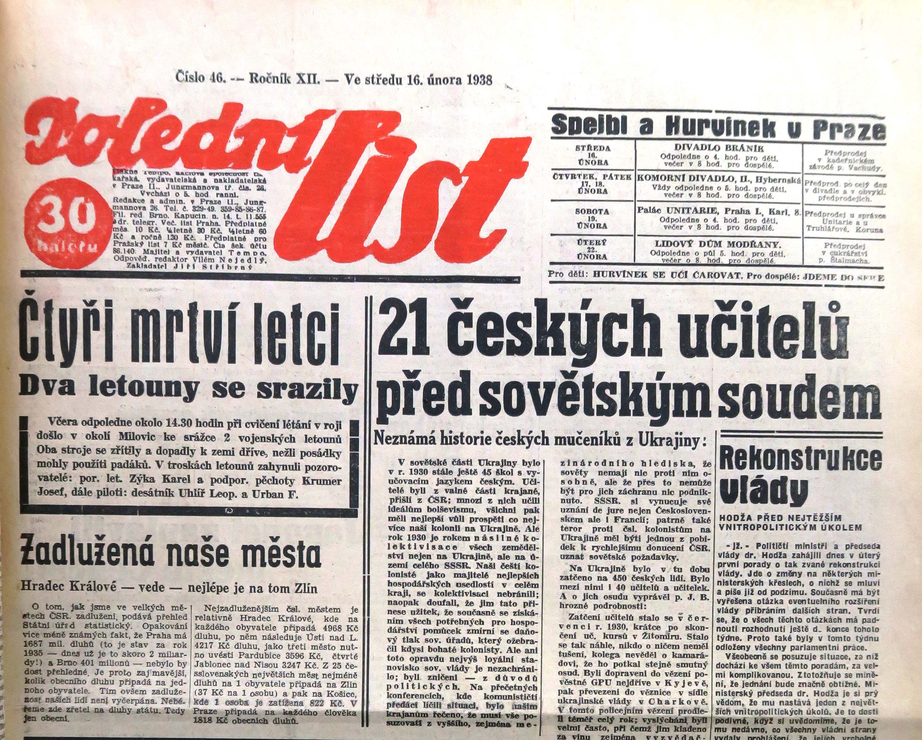 Článek o procesu s českými učiteli v Poledním listu z 16. února 1938 