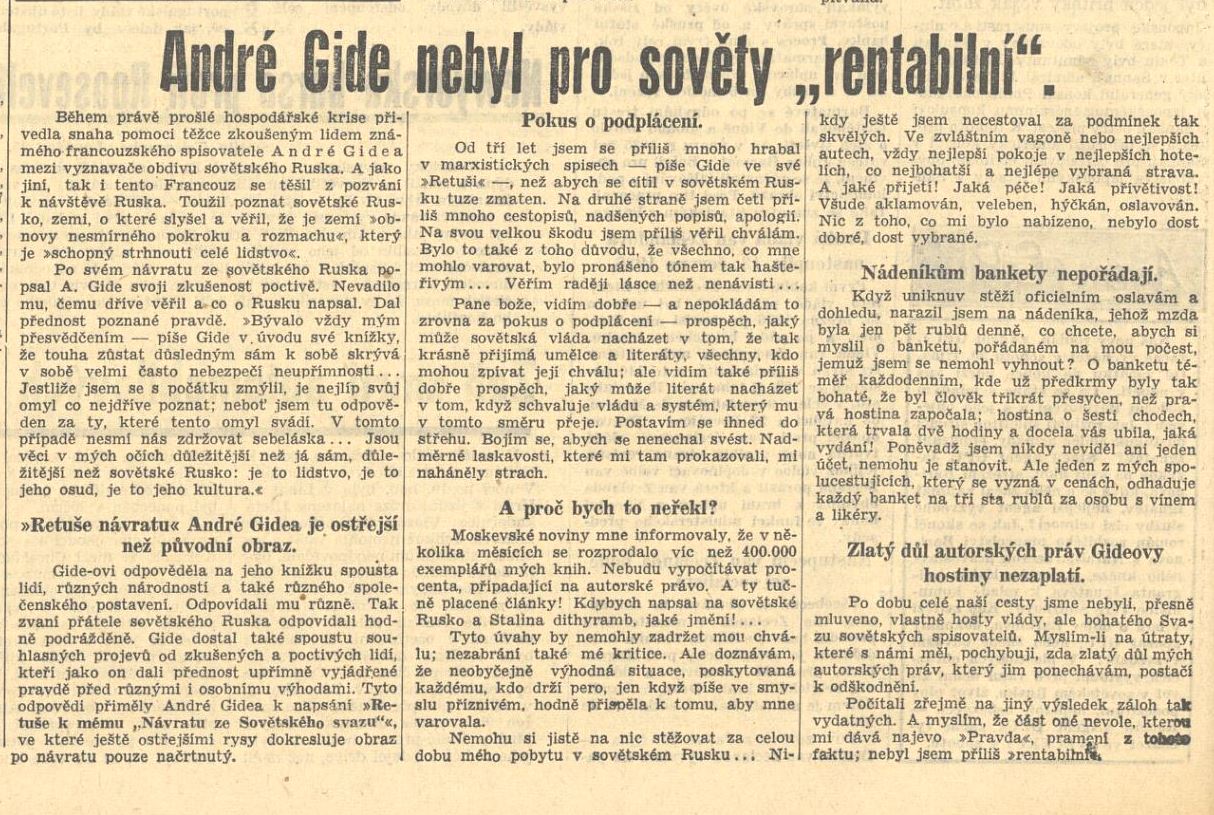 Recenze díla A. Gida, Večer, 26. 10. 1937. Zdroj: NK/cechoslovacivgulagu.cz