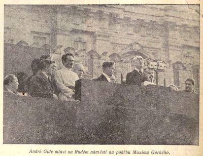 A. Gide promlouvá na pohřbu M. Gorkého na Rudém náměstí, Rudé právo, 24. 6. 1936. Zdroj: cechoslovacivgulagu.cz