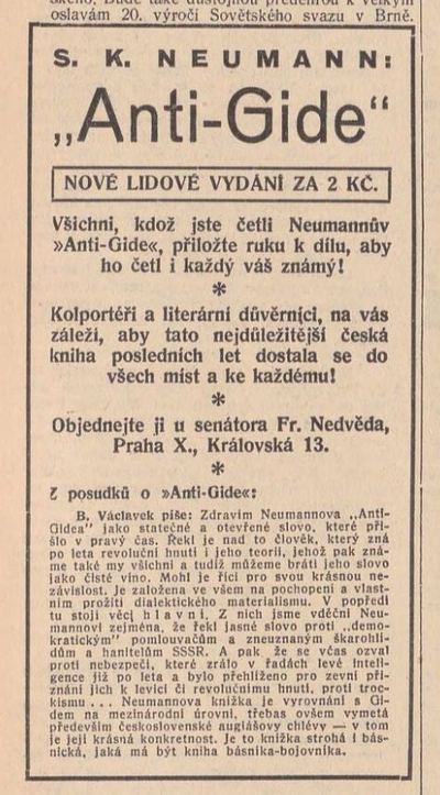 Anonce knihy Anti-Gide od S. K. Neumanna, Rudé právo, 15. 10. 1937. Zdroj: NK/cechoslovacivgulagu.cz