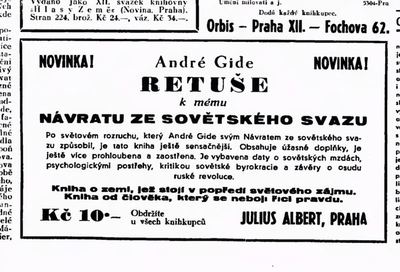 Anonce knihy Retuše k mému Návratu ze Sovětského svazu od A. Gida, Lidové noviny 18. 10. 1937. Zdroj: NK/cechoslovacivgulagu.cz