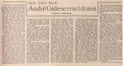 Kritika A. Gida z pera Egona Erwina Kische, Rudé Právo, 25. 12. 1936. Zdroj: NK/cechoslovacivgulagu.cz