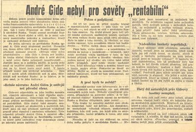 Recenze díla A. Gida, Večer, 26. 10. 1937. Zdroj: NK/cechoslovacivgulagu.cz