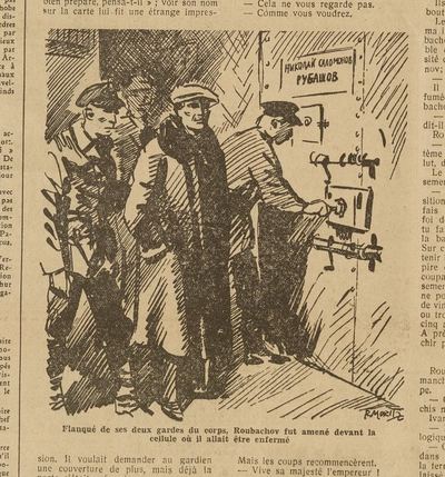 Ilustrace k ukázce z díla Tma o Polednách: Za doprovodu dvou strážců byl Rubašov odveden k cele, kde byl uvězněn. Revue La Presse, 23. 7. 1946. Zdroj: CEFRES Praha/cechoslovacivgulagu.cz