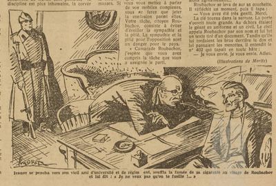 Ilustrace k ukázce z díla Tma o Polednách: Ivanov se naklonil ke svému starému kamarádovi z university a z regimentu, vyfouknul cigaretový kouř Rubašovovi do tváře a řekl: „Nechci, aby tě zastřelili!“ Revue La Presse, 23. 7. 1946 Zdroj: CEFRES Praha/cechoslovacivgulagu.cz