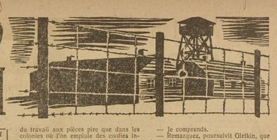 Doprovodná kresba sovětského trestního tábora k článku o knize Tma o polednách, revue La Presse, 23. 7. 1946. Zdroj: CEFRES Praha/cechoslovacivgulagu.cz