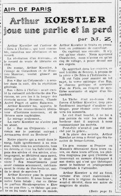 Kritický článek o Koestlerově knize, podepsaný iniciály M. Z. Vyšel pod názvem, Arthur Koestler hraje hru a prohrává ji v deníku Maroc Matin, 30. října 1946. Zdroj: CEFRES Praha/cechoslovacivgulagu.cz
