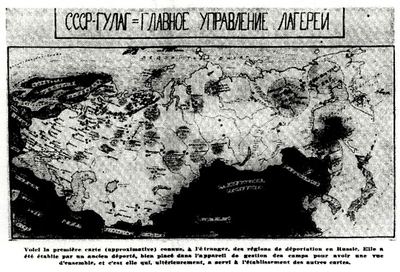 Jedna z prvních map Gulagu, nakreslená bývalým vězněm, která ilustrovala výzvu D. Rousseta otištěnou v Le Figaro littéraire na podporu uvězněných v sovětských lágrech. Zdroj: cechoslovacivgulagu.cz