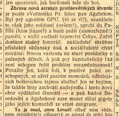 Komunistická kritika G. Agabekova otištěná v roce 1930 v novinách Dělnická rovnost. Zdroj: cechoslovacivgulagu.cz