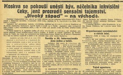 Zpráva deníku Večer z roku 1932 o snaze Sovětů odstranit G. Agabekova. Zdroj: cechoslovacivgulagu.cz