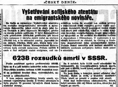 Český deník přinesl 9. února 1938 zprávu o atentátu na I. Soloněviče. Zdroj: cechoslovacivgulagu.cz