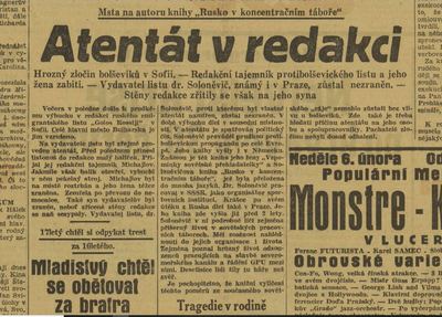 Polední list referoval o atentátu na I. Soloněviče 4. února 1938. Zdroj: cechoslovacivgulagu.cz