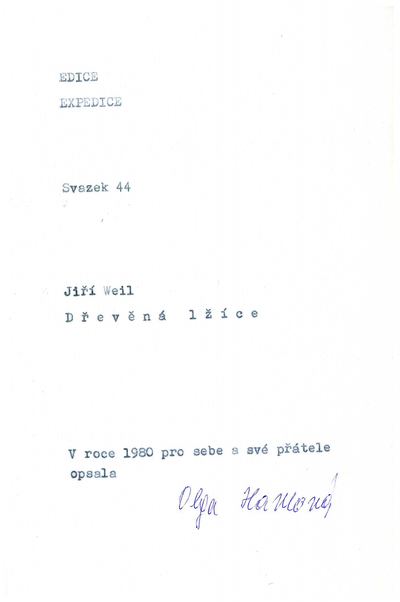 Dřevěnou lžíci pro šíření v samizdatovém vydání opsala na stroji v roce 1980 Olga Havlová. Zdroj: Libri prohibiti/cechoslovacivgulagu.cz