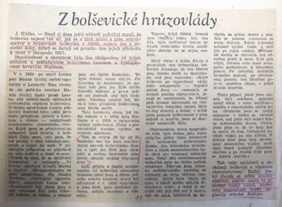 "Z bolševické hrůzovlády." Jeden z protisovětských a antisemitských článků Josefa Kličky, Národní práce, 7.března 1943. Zdroj: SOA Praha/cechoslovacivgulagu.cz