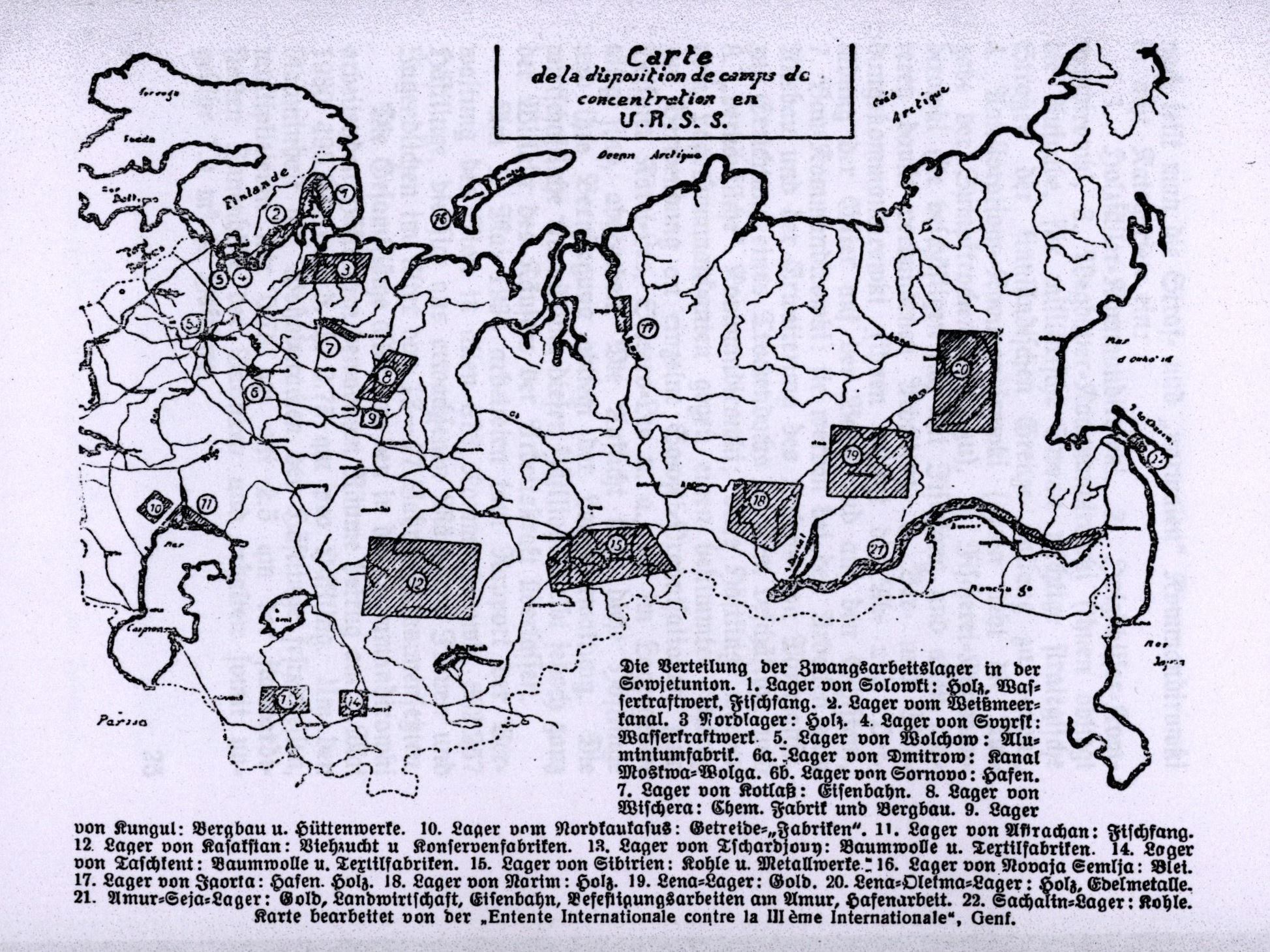 Mapa táborů Gulagu otištěná v německém vydání díla N. Kiseleva z roku 1938. Zdroj: Slovanská knihovna NK/cechoslovacivgulagu.cz
