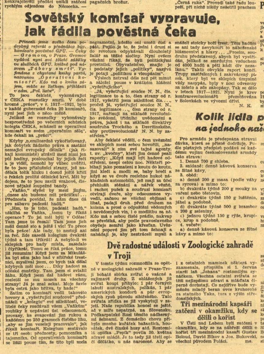 Dobová recenze díla N. Kiseleva uveřejněná v Poledním listu v roce 1933. Zdroj: cechoslovacivgulagu.cz