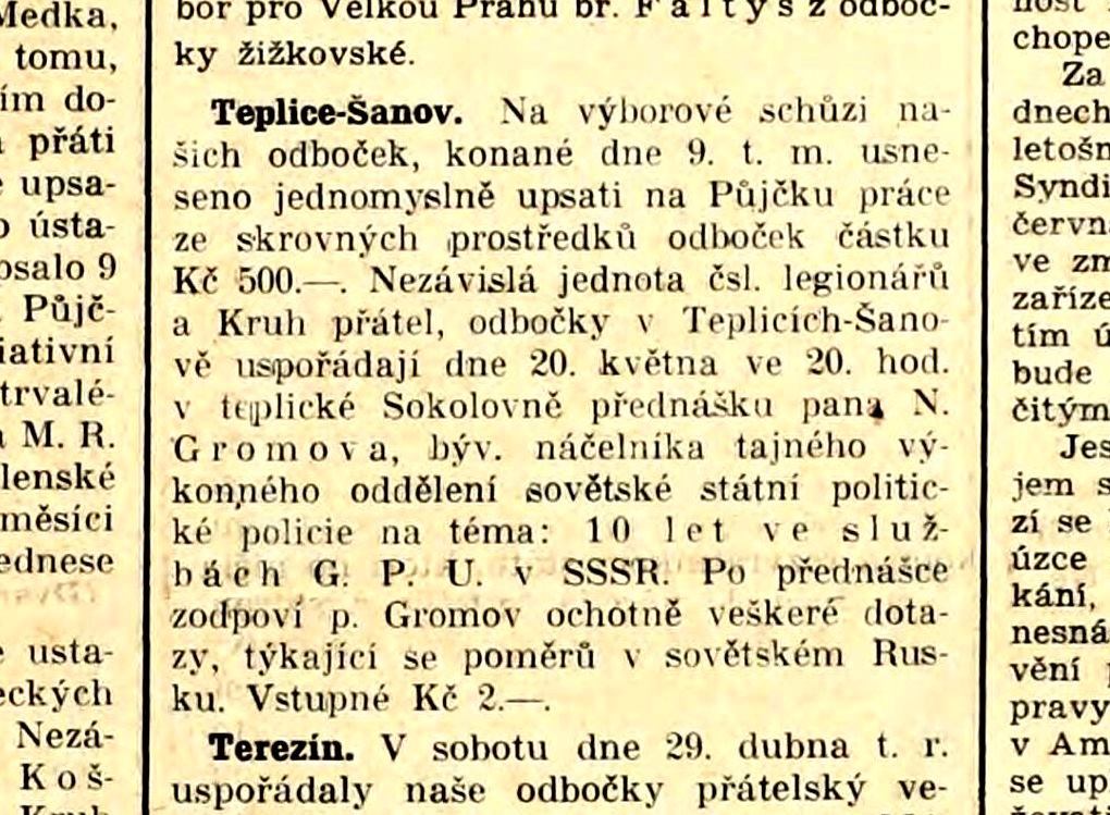 Zpráva o přednášce N. Kiseleva v Teplicích otištěná v časopisu Legie 18. května 1933. Zdroj: cechoslovacivgulagu.cz