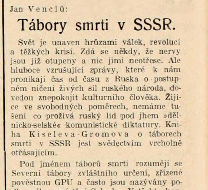 Časopis Legie uveřejnil recenzi díla N. Kiseleva 1. března 1934. Zdroj: cechoslovacivgulagu.cz