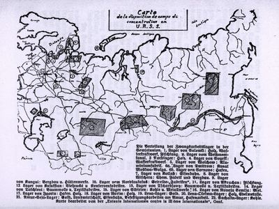 Mapa táborů Gulagu otištěná v německém vydání díla N. Kiseleva z roku 1938. Zdroj: Slovanská knihovna NK/cechoslovacivgulagu.cz